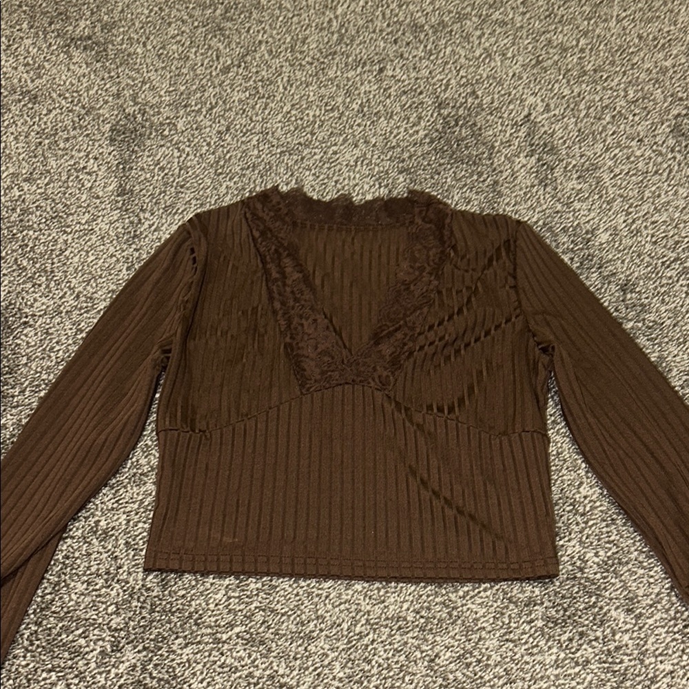 Brown Long Sleeve Ribbed Top